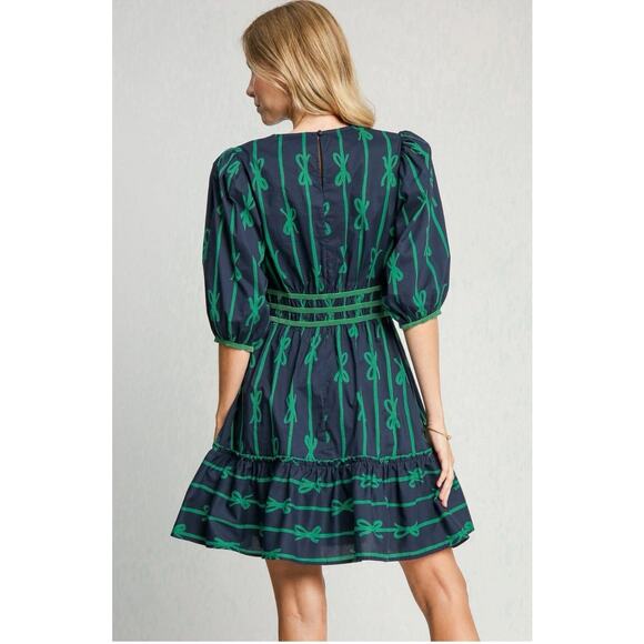 Umgee Ribbon Print Puff Sleeve Velvet Trim Boho Mini Dress Casual Holiday L - Picture 3 of 11